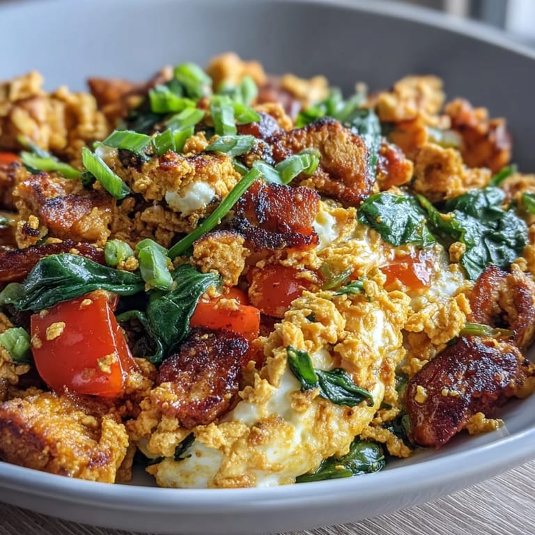 A hearty vegan tofu scramble garnished with fresh chives, served warm and savory.