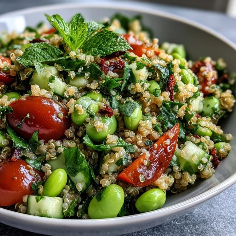 Hearty Edamame and Quinoa Salad garnished with fresh herbs, a perfect healthy lunch.