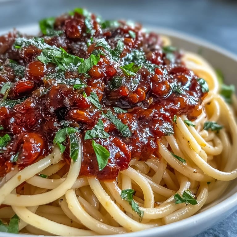 Comforting Lentil Bolognese, a vegetarian Italian classic, bubbling in a pot.