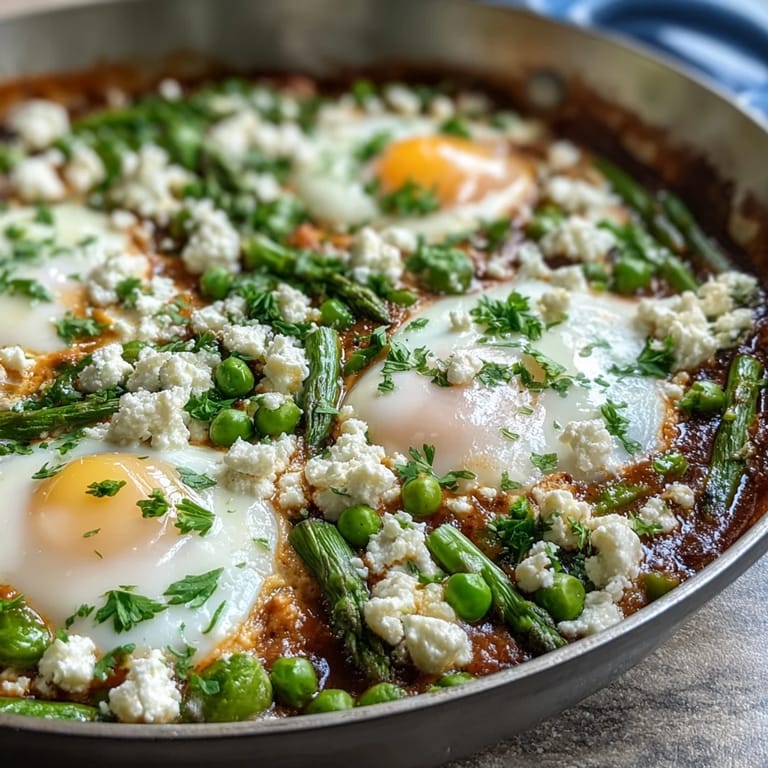 Spring-inspired Pea and Broad Bean Shakshuka featuring broad beans and asparagus in a spiced tomato sauce, perfect with crusty bread.