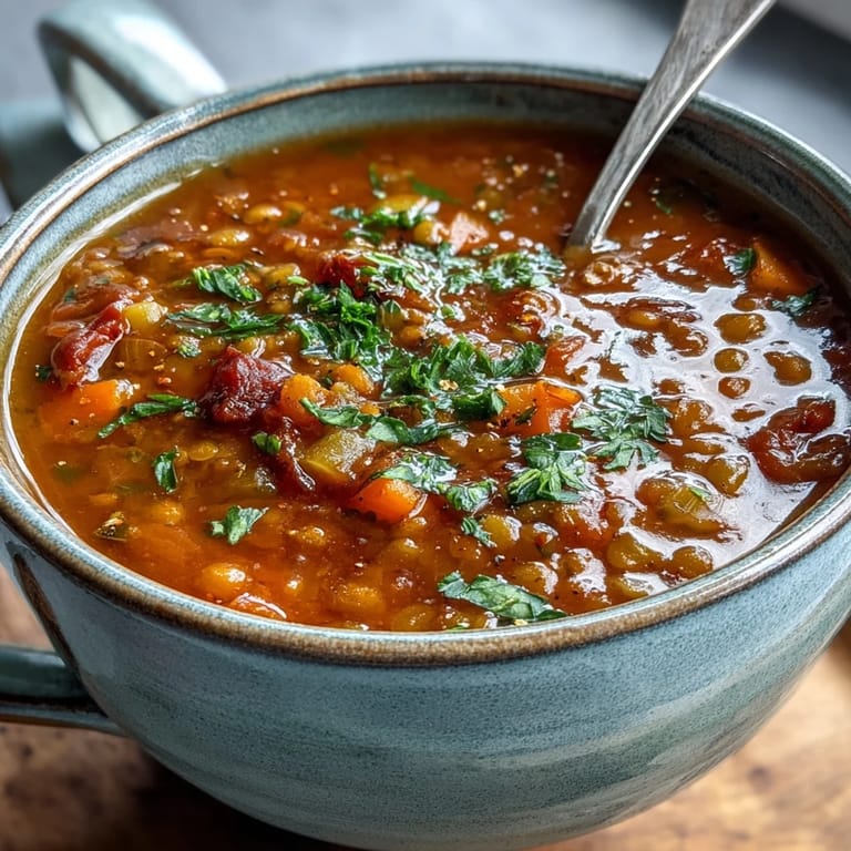 Vibrant Mediterranean Tomato Lentil Soup garnished with parsley and lemon wedges, ready to serve for a wholesome meal.
