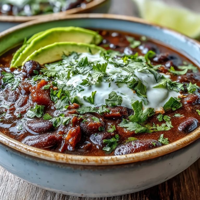 A steaming pot of Black Bean Soup simmering on the stove, featuring a rich, dark texture with hints of smoked paprika.