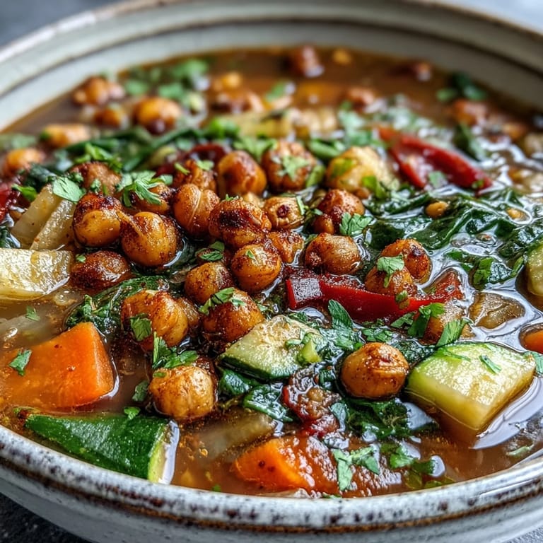 Steaming bowl of Spiced Chickpea and Vegetable Soup, featuring a vibrant medley of diced carrots, zucchini, and kale in tomato broth.