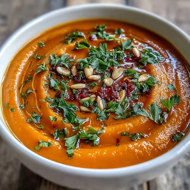 Golden roasted vegetables simmering in a pot to make this comforting Roasted Vegetable Soup.