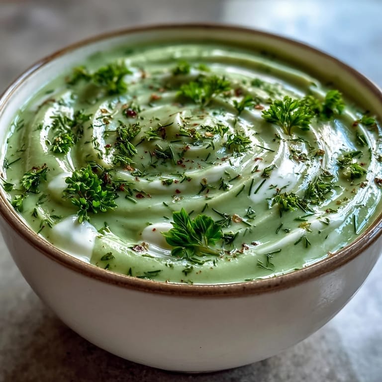 Velvety Creamy Celery and Herb Soup swirled with crème fraîche and dill garnish.