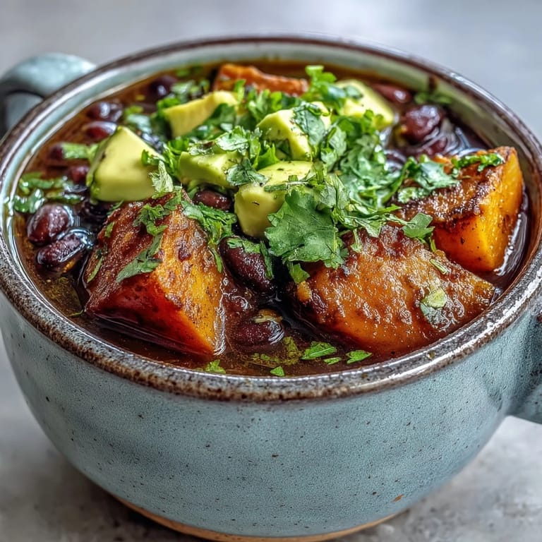 A steaming bowl of Sweet Potato and Black Bean Soup, topped with avocado and fresh lime wedges.