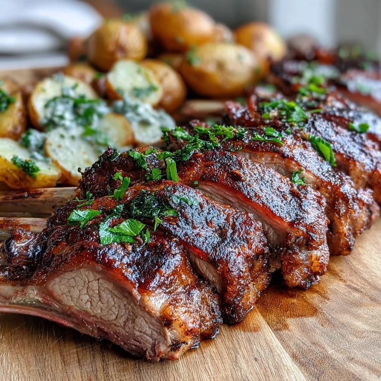 Elegant One-Pan Roast Rack of Lamb and Green Olive Potatoes plated for dinner, showcasing juicy meat and crispy golden potatoes.