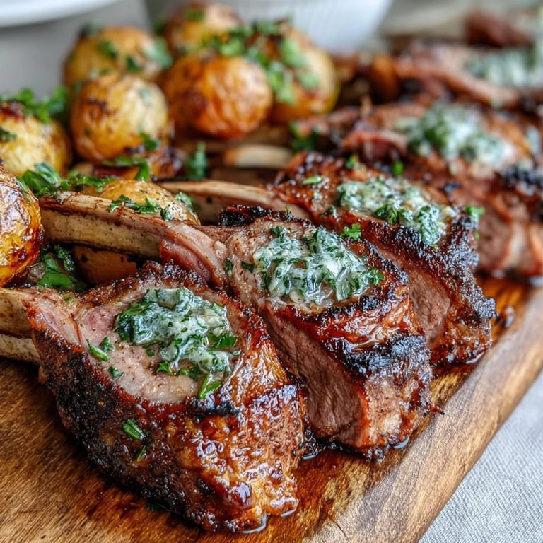 Freshly roasted rack of lamb chops sliced and served with rustic potatoes featuring green olives, capers, and parsley garnish.