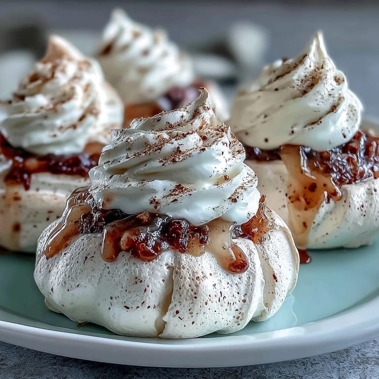 Close-up of Mini Hot Toddy Pavlovas, where warm cinnamon dust and glossy poached pears top the delicate, gluten-free meringue nests.