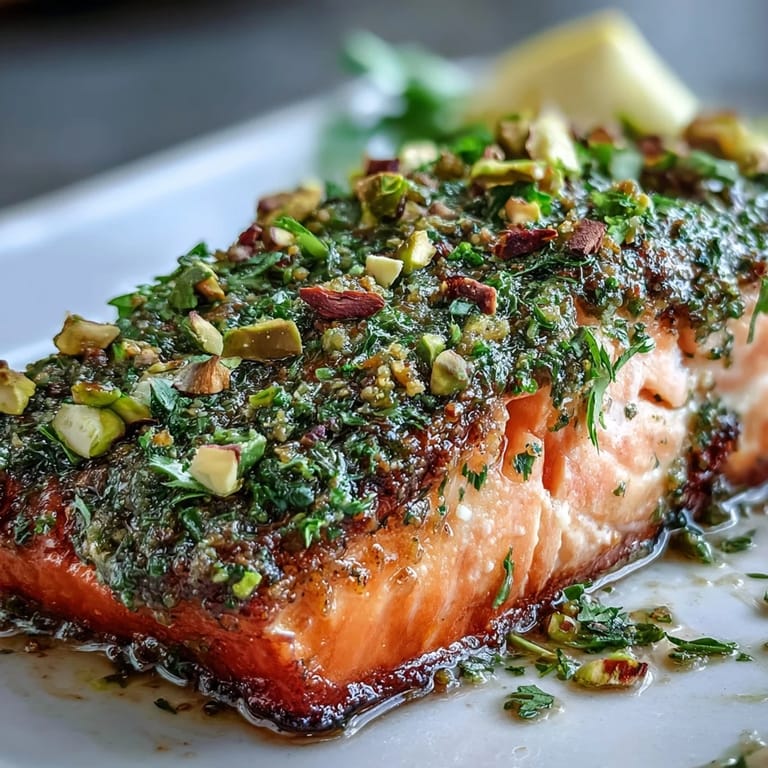 Tender Confit Salmon With Tahini, Pistachio and Herb Crust fillets garnished with fresh herbs and a lemon wedge for a bright Mediterranean finish. 