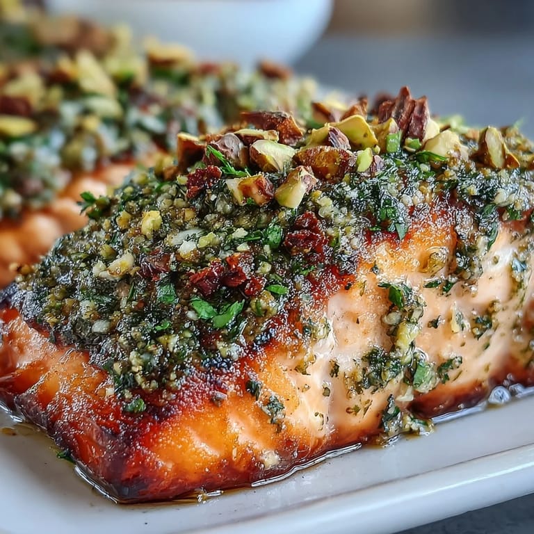 Golden-baked Confit Salmon With Tahini, Pistachio and Herb Crust on a dish with a drizzle of olive oil, ready to serve.
