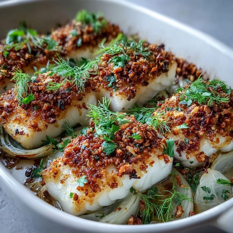 Tender halibut baked with fennel and finished with a bright, crunchy lemon-walnut pangrattato topping.