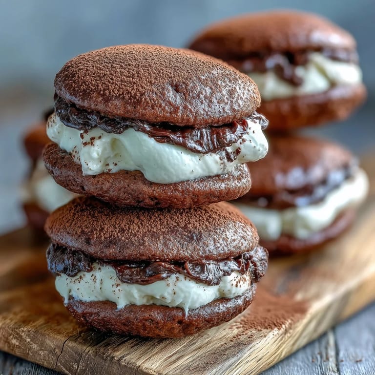 Two Tiramisu Whoopie Pies paired with an espresso cup on a rustic table.