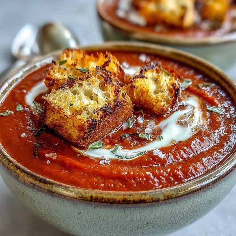 Roasted red pepper soup ladle from a rustic pot, finished with fresh herbs.