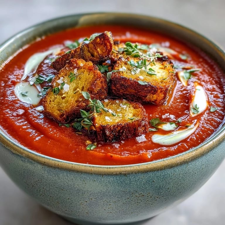 Silky roasted red pepper soup with vibrant color and crunchy oregano croutons on top.