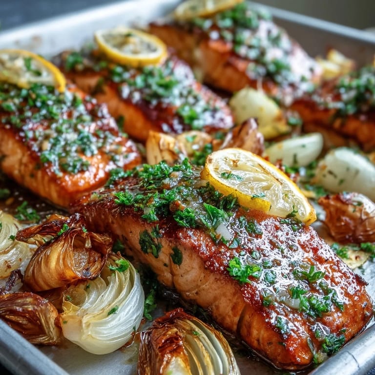 Easy One-Pan Roast Salmon with leeks and onions topped with bright parsley dressing, served with lemon slices.