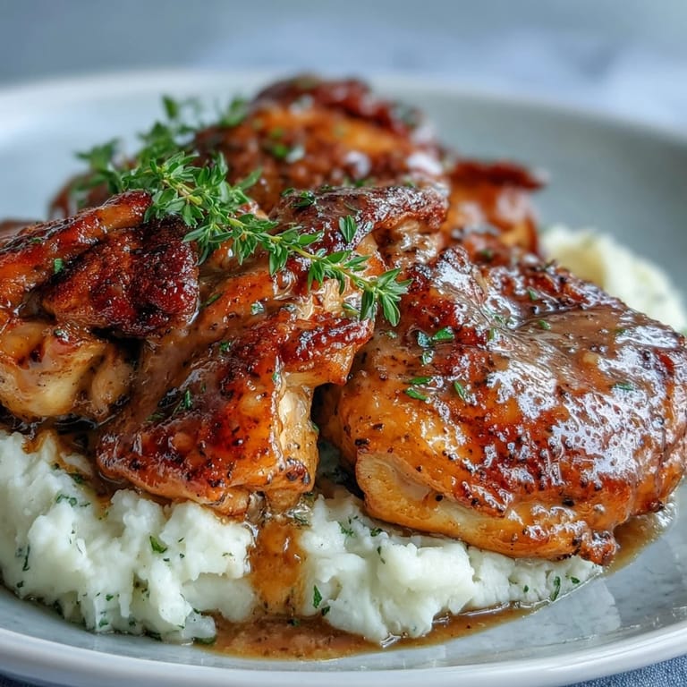 Tender, slow-cooked chicken coated in a sweet and tangy honey mustard glaze, garnished with fresh parsley on a rustic wooden table.