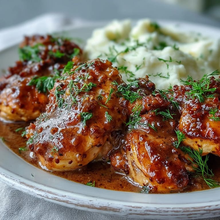 Close-up of Slow Cooker Honey Mustard Chicken showing juicy meat and thick, glossy sauce, paired with creamy mashed potatoes and roasted carrots.