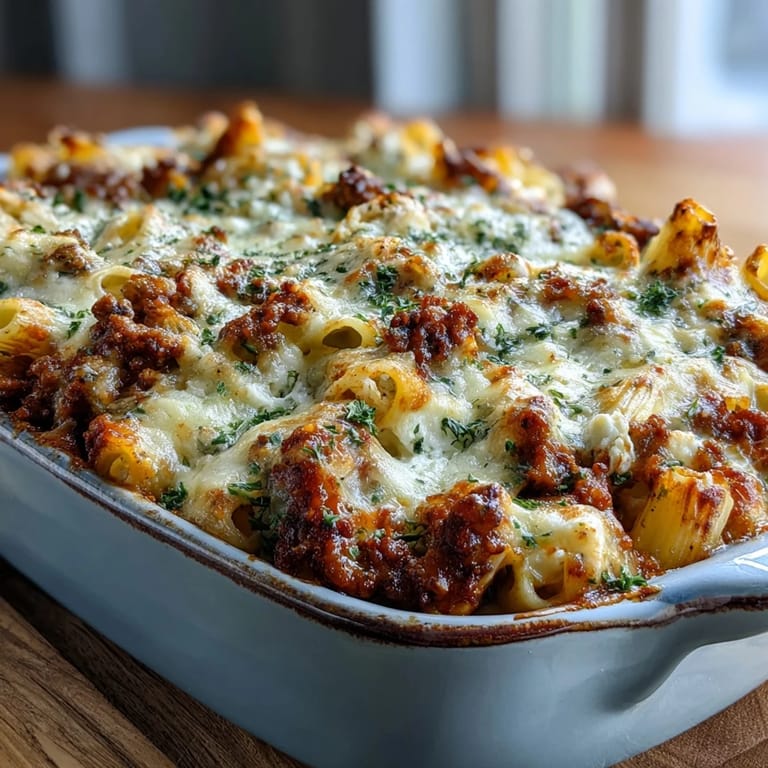 Fresh parsley garnishes a serving of Cottage Cheese Protein Pasta Bake with Ground Beef, highlighting golden edges and steam.
