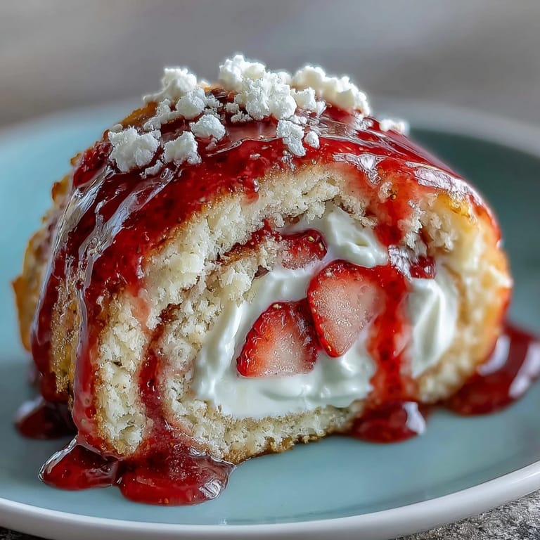 Sliced Strawberry Shortcake Sushi Roll pieces arranged neatly on a white plate, revealing swirls of creamy filling and ruby-red berries inside each golden crepe.