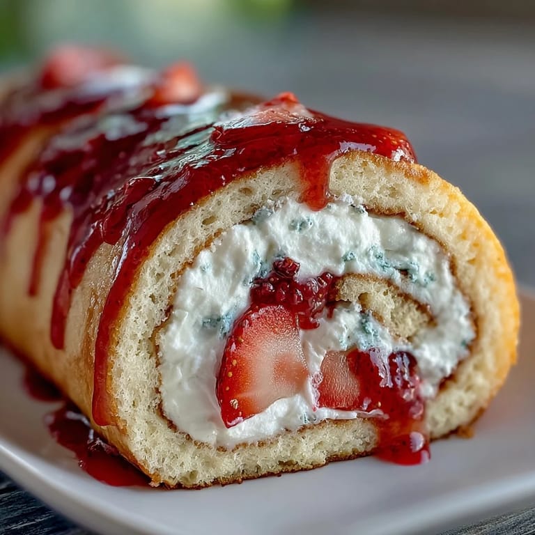 Overhead view of the assembled Strawberry Shortcake Sushi Roll garnished with mint leaves and strawberry sauce, ready to serve as a whimsical fusion dessert.