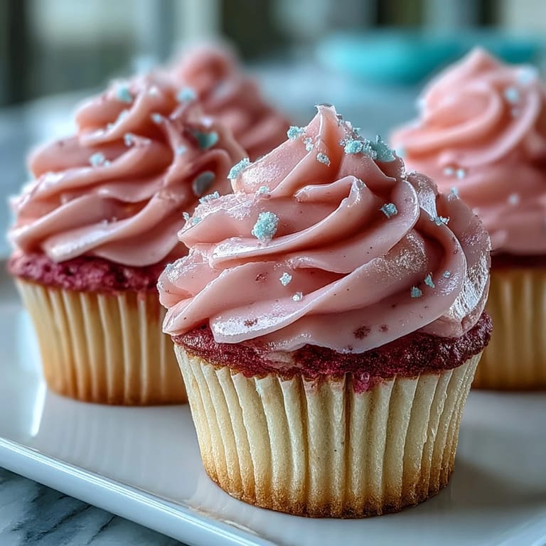 Glossy vanilla buttercream frosting crowns tender pink velvet cupcakes, served on a vintage ceramic plate.