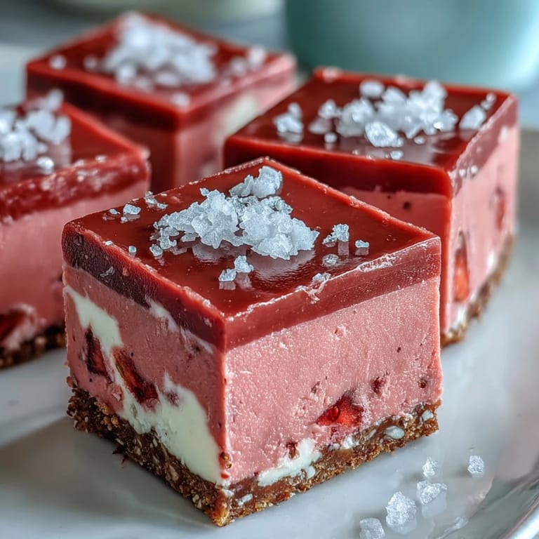 Creamy No-Bake Strawberry Fudge Squares display a golden graham cracker crust and a thick fudge layer made with white chocolate.