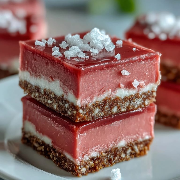 Ready to serve No-Bake Strawberry Fudge Squares on a ceramic plate, perfect for a summer dessert party or sweet snack.