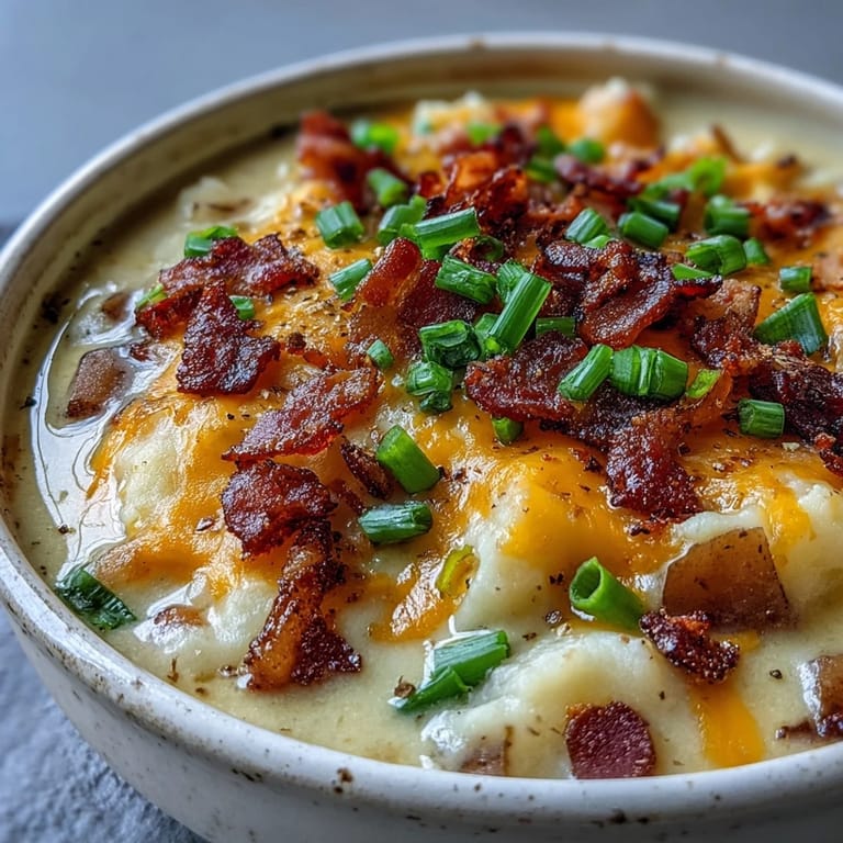 Creamy Loaded Potato Soup simmering in a pot with cheddar and bacon, ready to ladle into rustic bowls.
