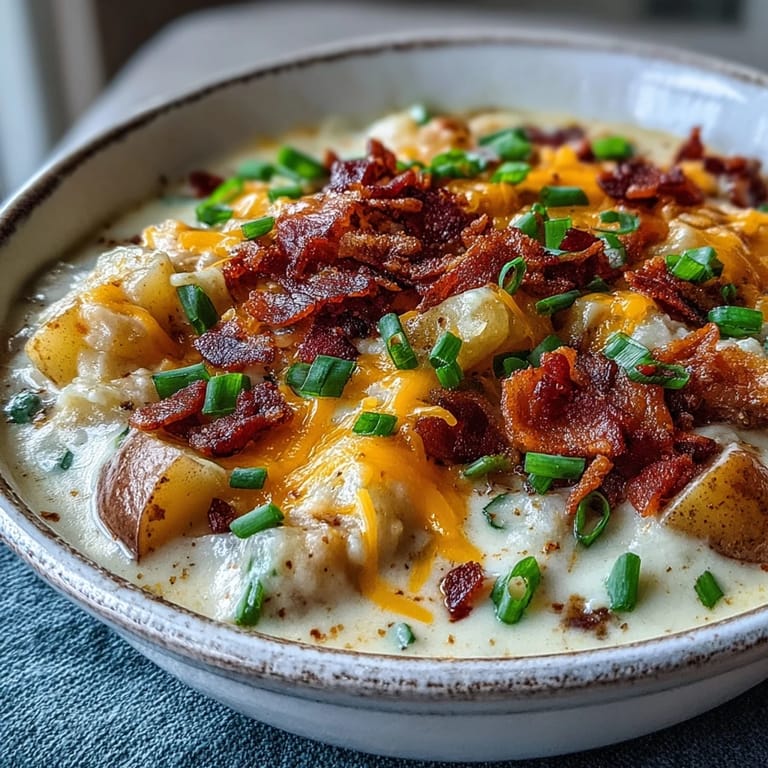 Homemade Loaded Potato Soup garnished with green onions and extra cheese, served alongside crusty bread for dipping.