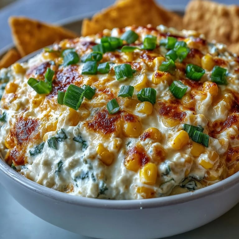 Crack Corn Dip in a white serving bowl, garnished with fresh green onions and paired with crispy tortilla chips for a party snack.