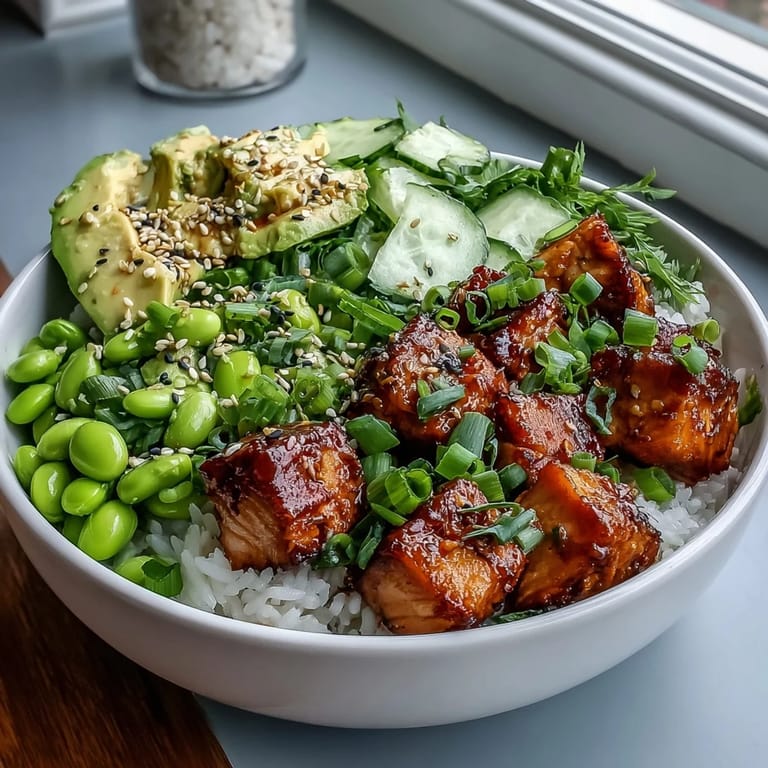 Savory baked salmon rests atop fluffy jasmine rice, garnished with crisp cucumber, creamy avocado, and edamame in a colorful Salmon Rice Bowl.