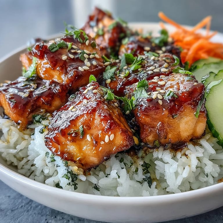Assembled Baked Salmon Rice Bowl garnished with toasted sesame seeds and a drizzle of sriracha mayo.