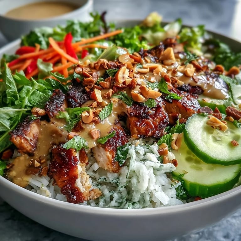Colorful deconstructed Rice Paper Roll Bowl with tofu, mixed salad greens, fresh mint, cilantro, and crunchy peanuts, served with lime wedges for bright flavor.