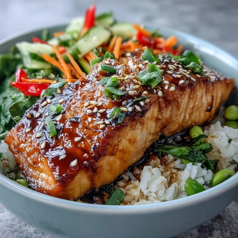 An overhead view of a nourishing Asian-Inspired Salmon Bowl with tender fish, lime wedges, and toasted sesame seeds.