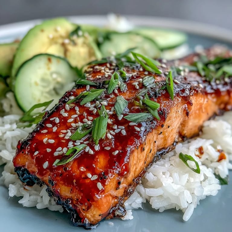 Serving suggestion for Honey Sriracha Salmon Bowl, garnished with green onions and sesame seeds over rice.