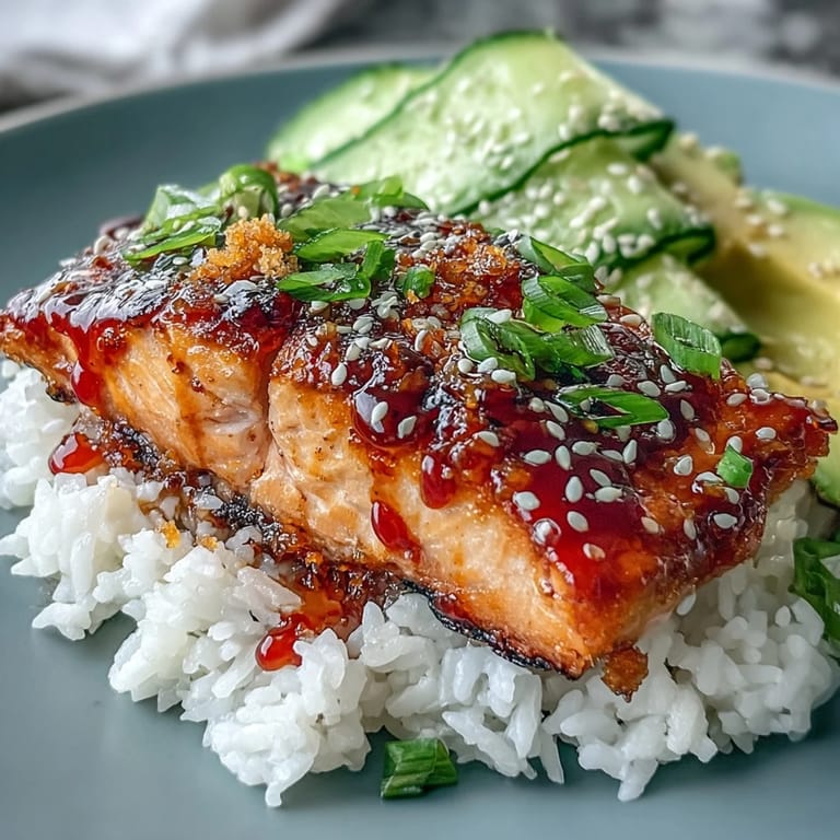 A close-up of Honey Sriracha Salmon Bowl, topped with edamame, cucumber, and a drizzle of spicy mayo.
