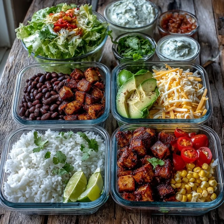 Meal Prep Burrito Bowl Base with golden tofu, crisp lettuce, corn, and fresh cilantro, showing how to store components separately for weekly meal prepping.