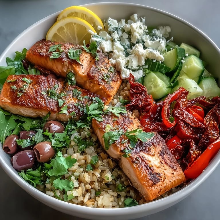 Golden salmon and crispy rice in a Mediterranean Salmon Bowl, topped with bright peppers, tangy feta, and sun-dried tomatoes.