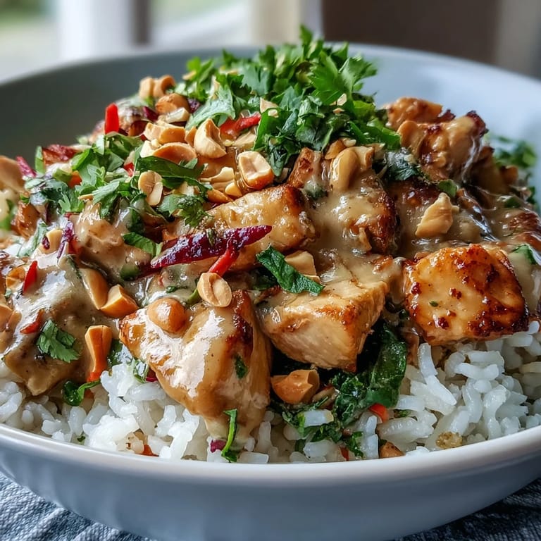 Sliced red cabbage and bright carrots add crunch to the Peanut Chicken Protein Bowl, drizzled with Thai-inspired sauce.