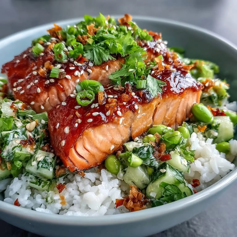 A close-up of a Bang Bang Salmon Bowl highlights tender pink salmon and green cucumber salsa, with creamy white bang bang sauce and sesame seeds on top.