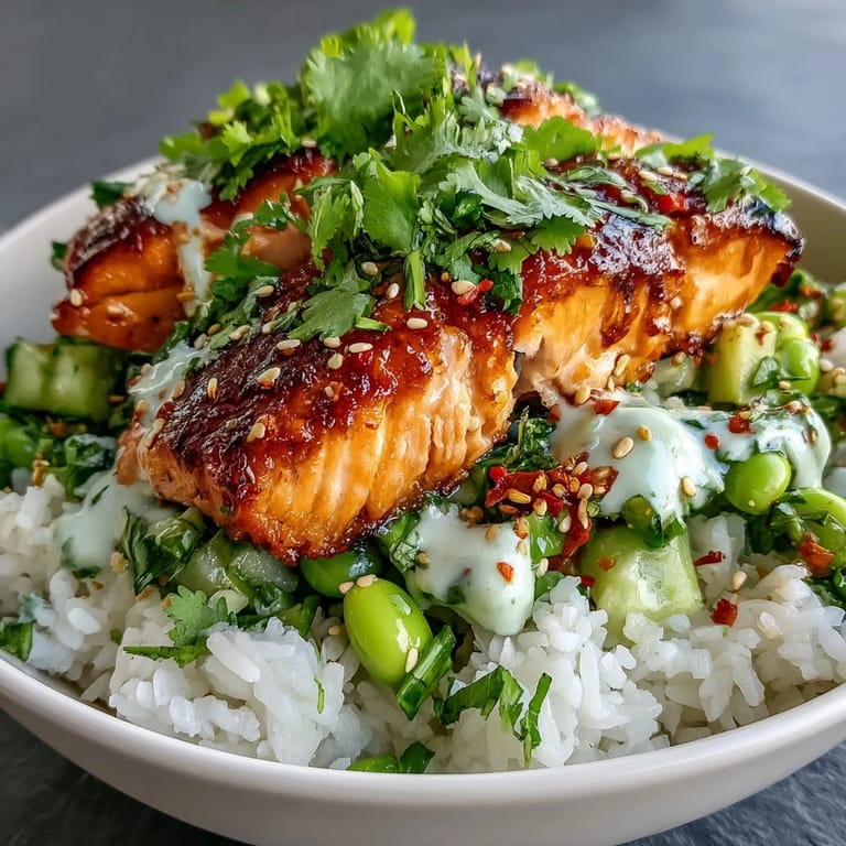 Enjoy a hearty Bang Bang Salmon Bowl dinner, combining savory salmon, crisp veggies, and a spicy kick, garnished with fresh cilantro and lime wedges for zest.