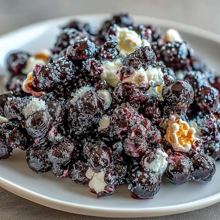Freshly popped Black Currant Cheesecake Kettle Corn spilling from a pot, showing the sweet and tangy sugar coating perfect for movie nights or dessert cravings.