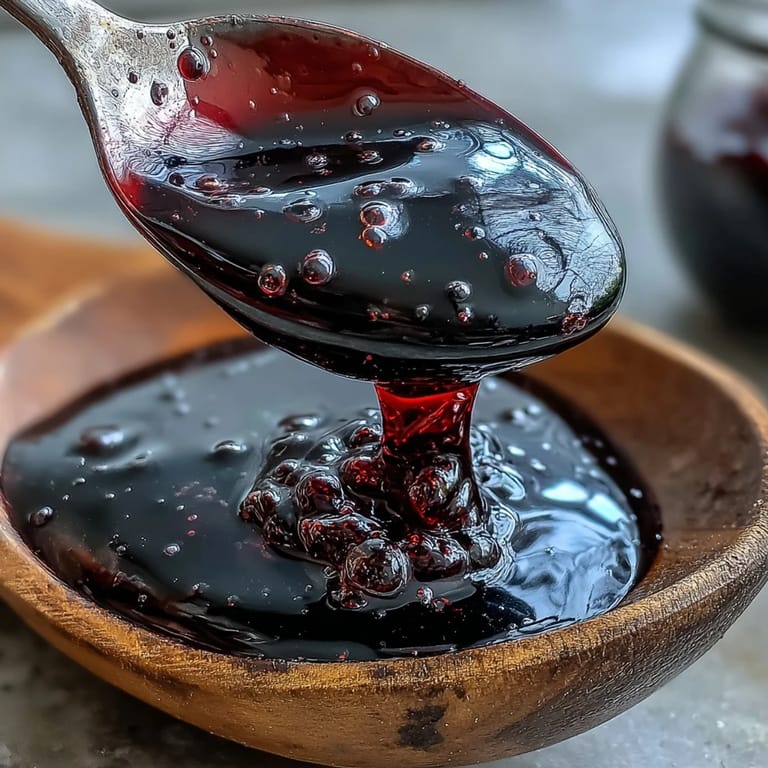 Pouring rich, vibrant Black Currant Syrup over a stack of fluffy buttermilk pancakes. The dark, glossy liquid cascades down the golden-brown cakes, pooling slightly on the white plate, ready for a delicious breakfast or brunch treat.