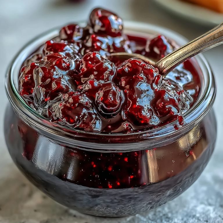 A spoon lifts a jewel-toned dollop of Black Currant Jelly from a jar, dripping with sweet, intense fruit flavor.