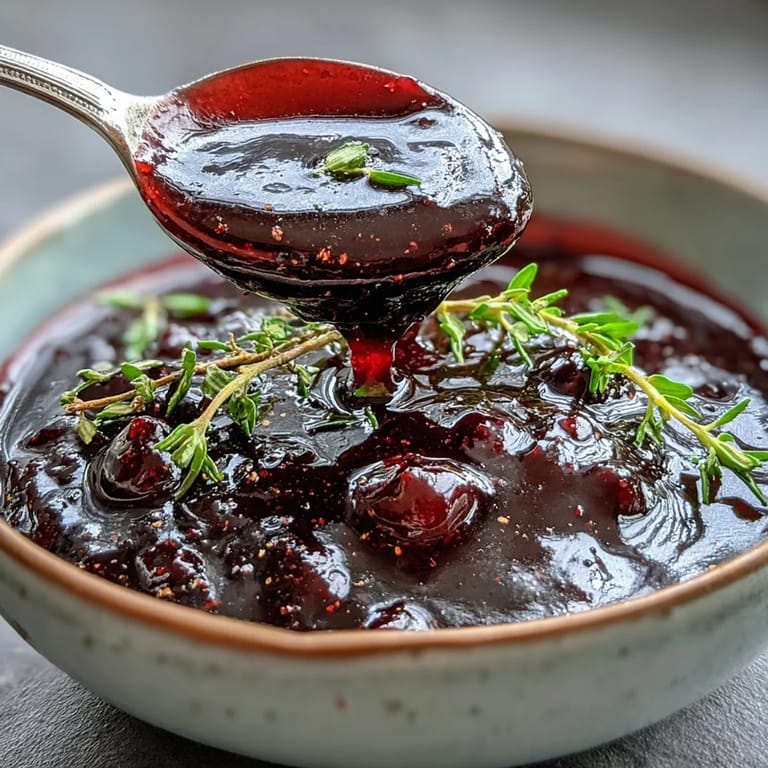 A glossy pot of Black Currant Glaze, simmered with honey and Dijon, ready to brush onto baked ham slices.