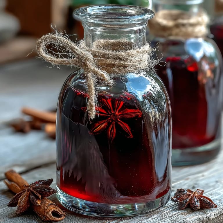 A clear glass of Homemade Spiced Blackcurrant Vodka Liqueur shows its deep purple hue, garnished with star anise and fresh blackcurrants.