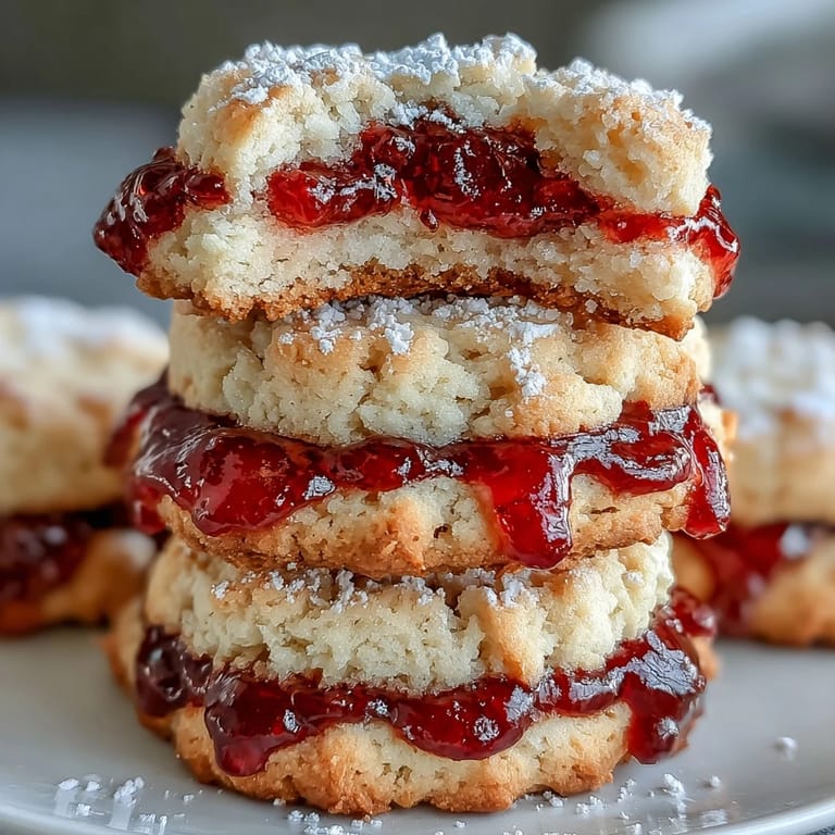 Buttery thumbprint cookies filled with vibrant homemade strawberry jam, offering a delightful fruity and melt-in-your-mouth treat.