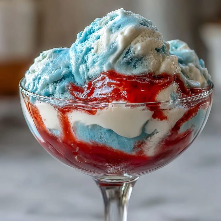 Festive layered Jello dessert in clear cups, showcasing bold red and blue stripes with a sweet white gelatin center.  