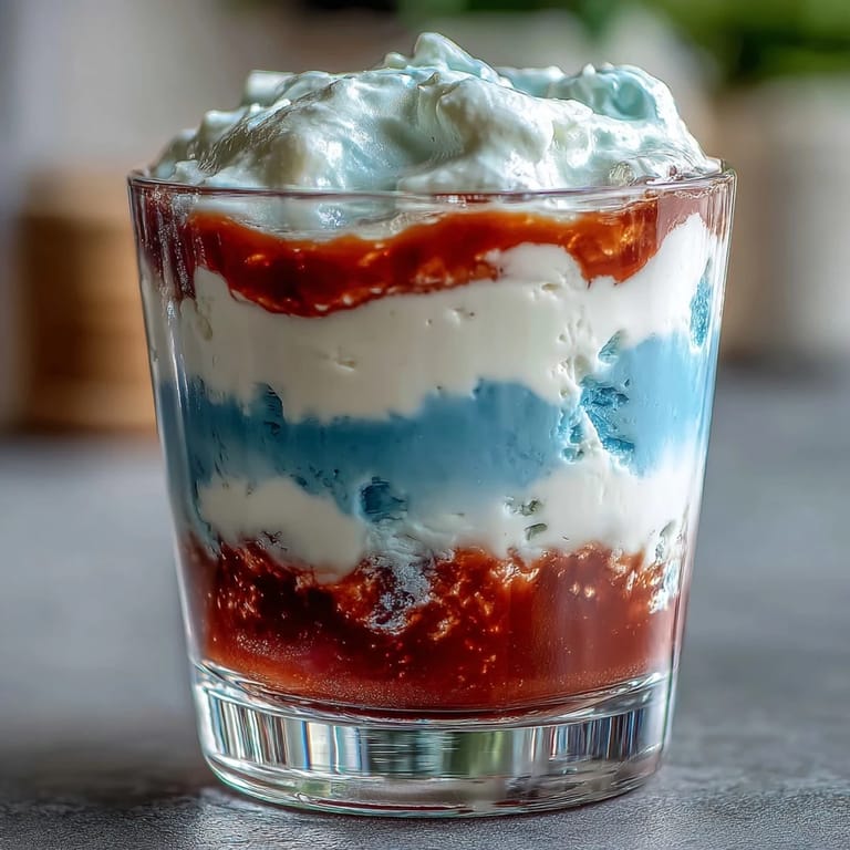 Patriotic Jello cups with strawberry, white cream, and blue raspberry layers, garnished with whipped cream and fresh berries.